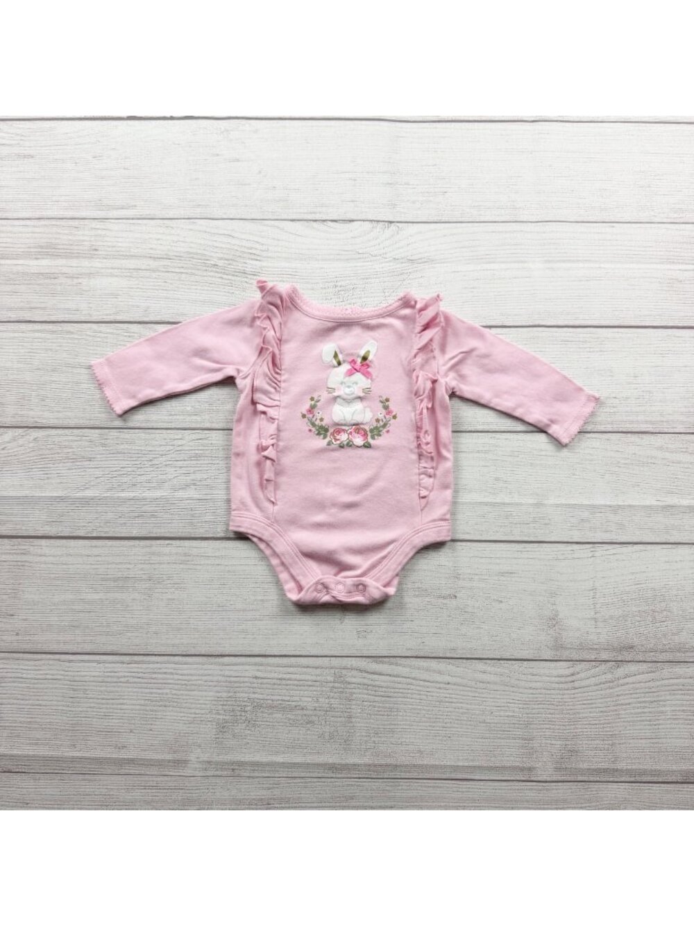 Garanimals Baby Girl Pink Bunny Long Sleeve Bodysuit Ruffle Detail 0-3 Months